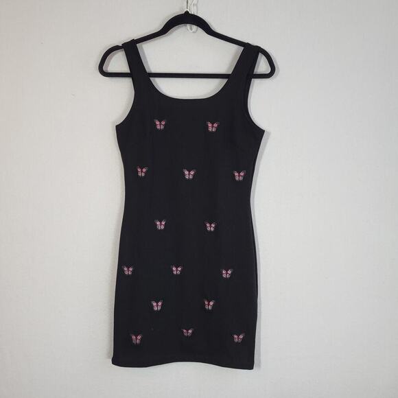 Butterfly Print Sheath Mini Dress M Black Pink Sleeveless Tank 90s Y2K Mean Girl - Picture 7 of 13